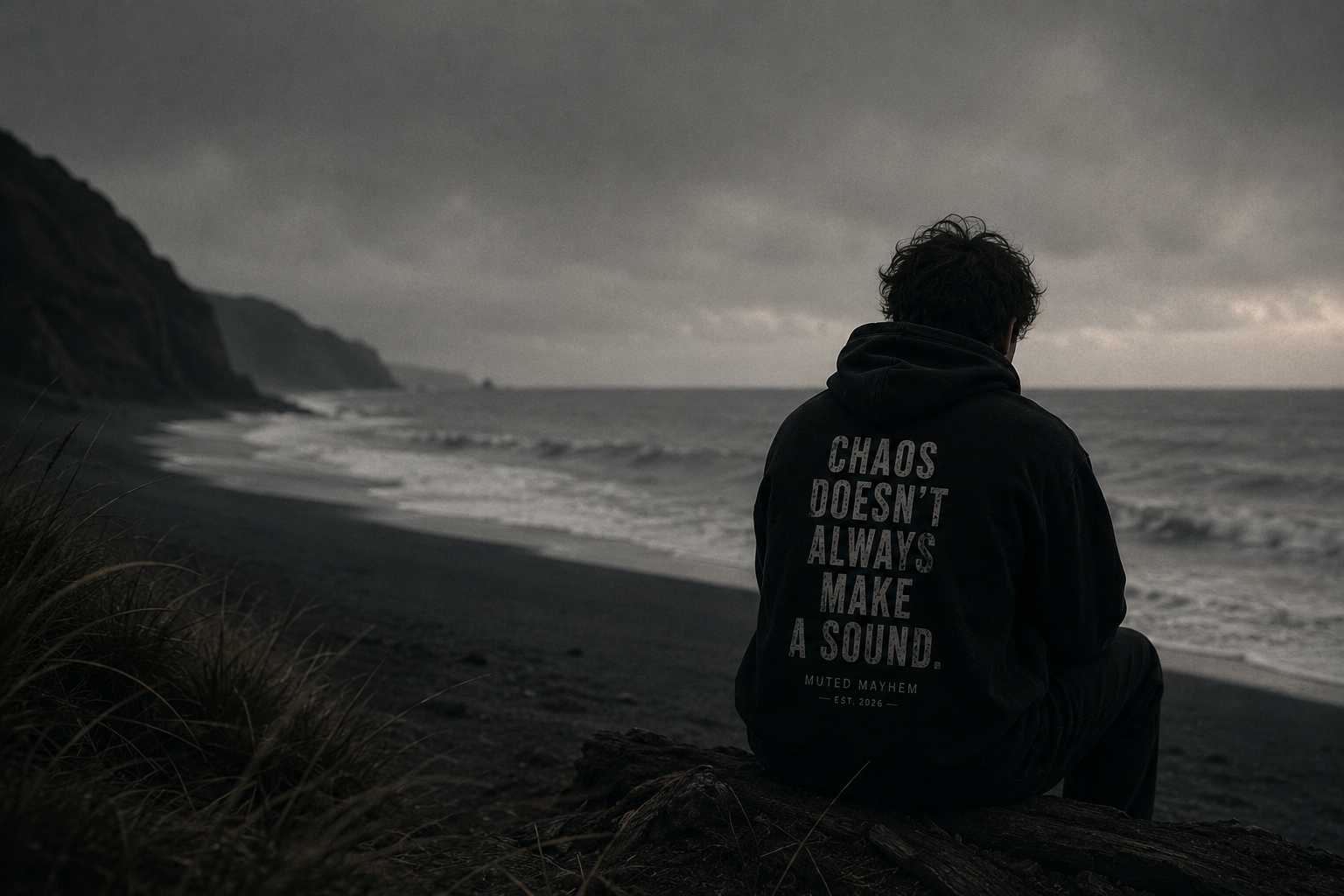 Person sitting on a rocky beach wearing a Muted Mayhem hoodie overlooking the sea, representing invisible struggles, quiet resilience and mental health awareness.