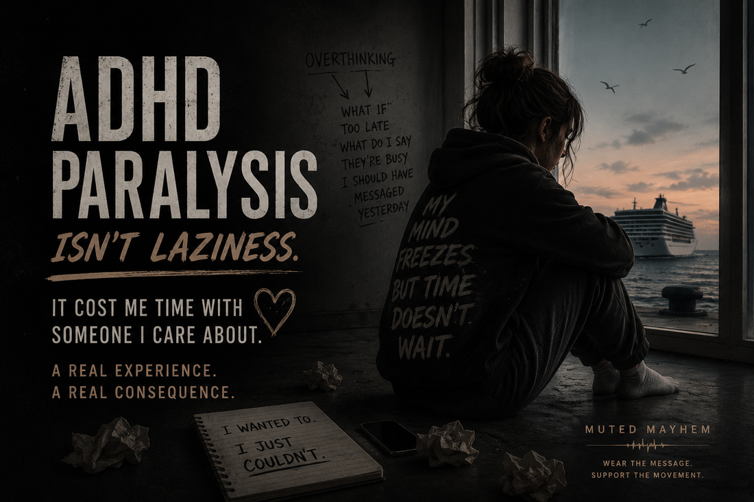 Illustration of ADHD paralysis showing someone feeling frozen while time passes, representing overthinking, executive dysfunction and missed opportunities.