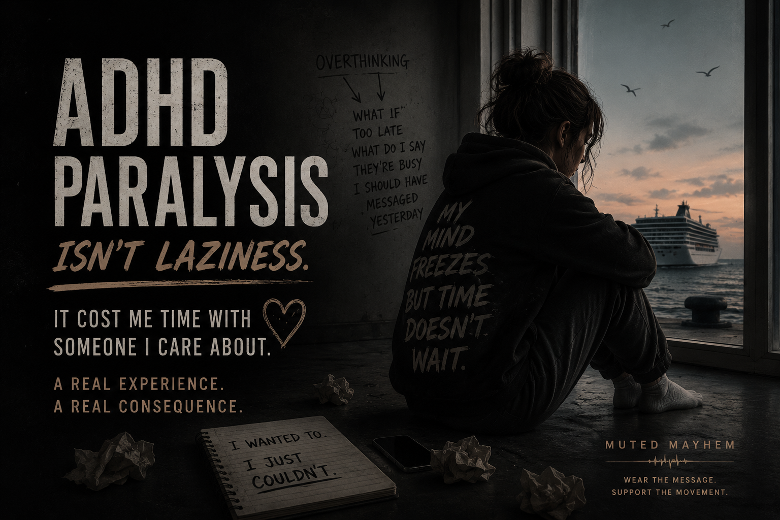 Illustration of ADHD paralysis showing someone feeling frozen while time passes, representing overthinking, executive dysfunction and missed opportunities.