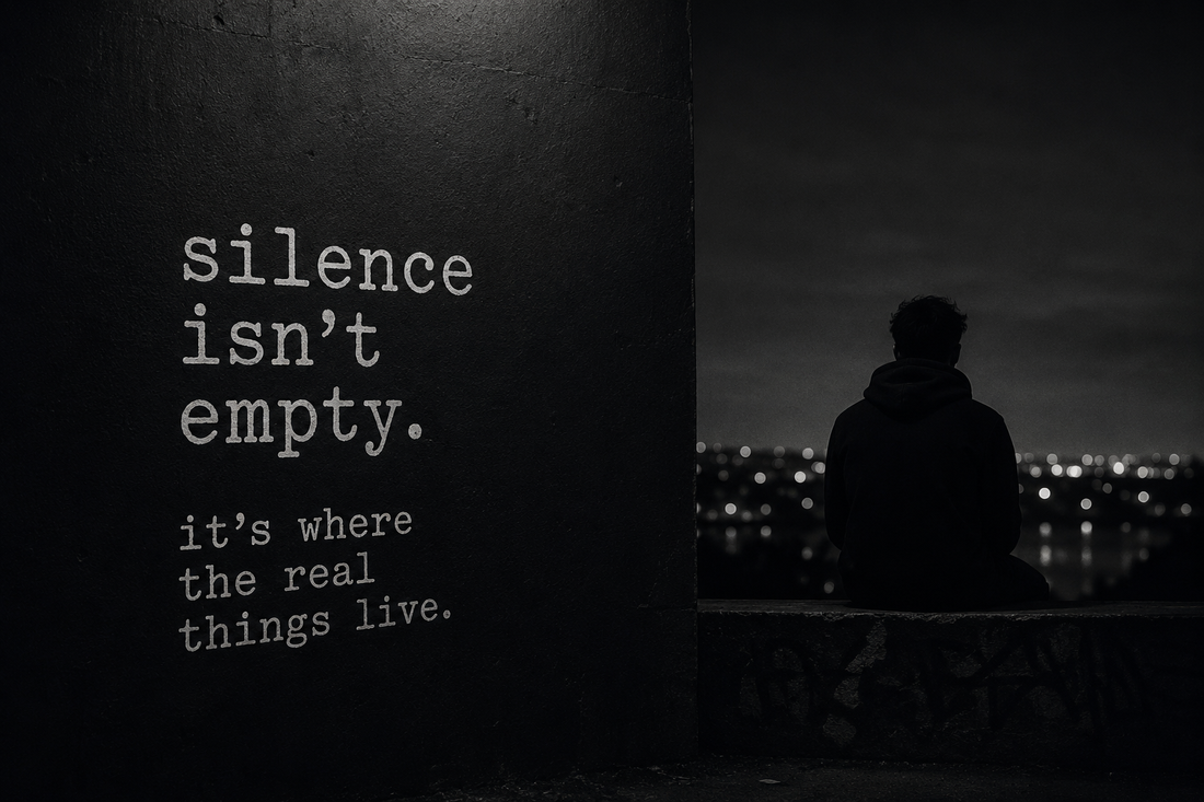 Person sitting alone at night overlooking city lights beside the words "Silence isn't empty", representing invisible struggles and quiet resilience.