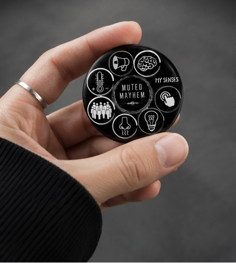 Six-panel collage showing a small round black enamel pin with white icons and text, including 'WATER WORTH' and 'MY BRAND', attached to different clothing items and held in a hand.