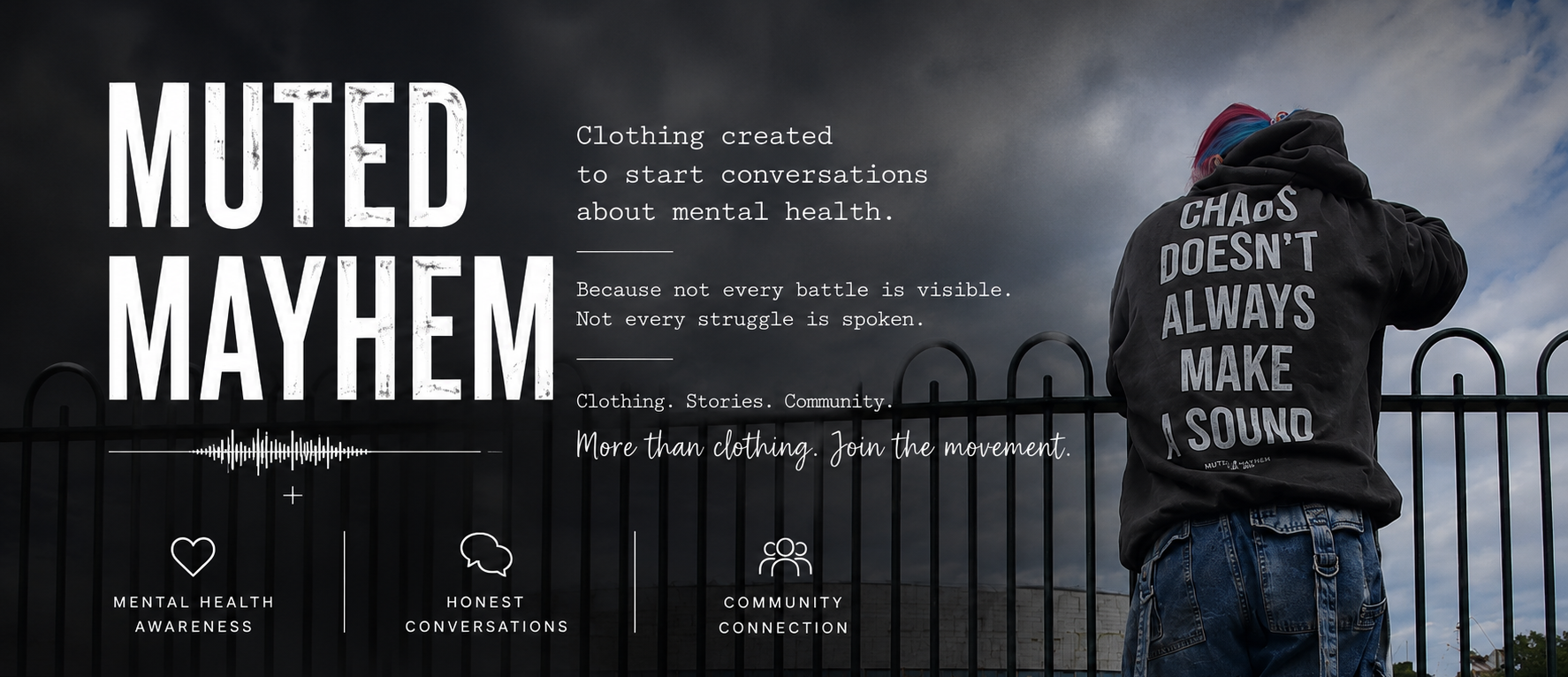 A person stands with their back to the camera wearing a black hoodie with the text 'CHAOS DOESN'T ALWAYS MAKE SENSE' and 'MUTED MAYHEM' on the back, set against a dark background with a black fence and promotional text for mental health clothing.