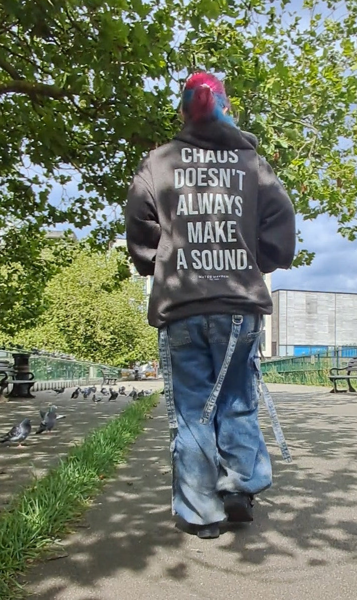 Black heavyweight hoodie with Silent Static design promoting mental health awareness.