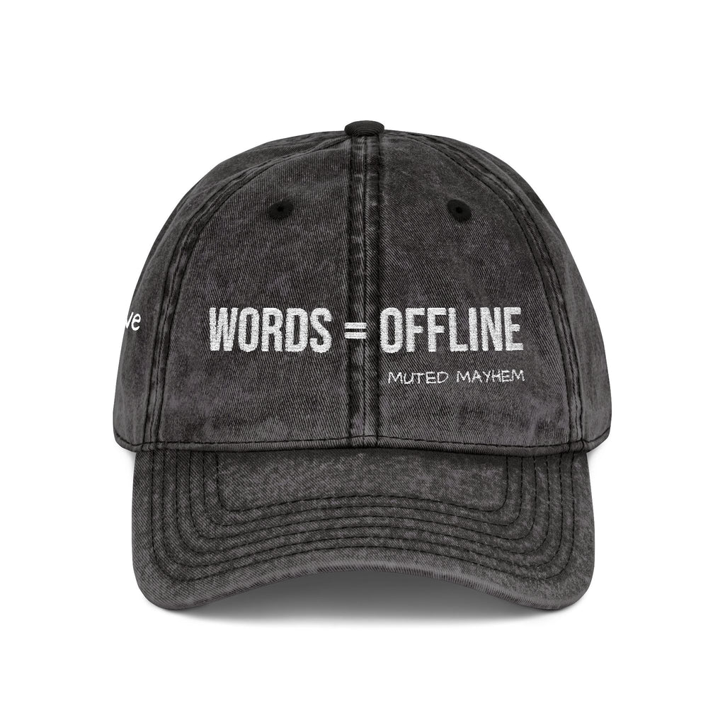 Black cap with 'words_offline' embroidered on a white background