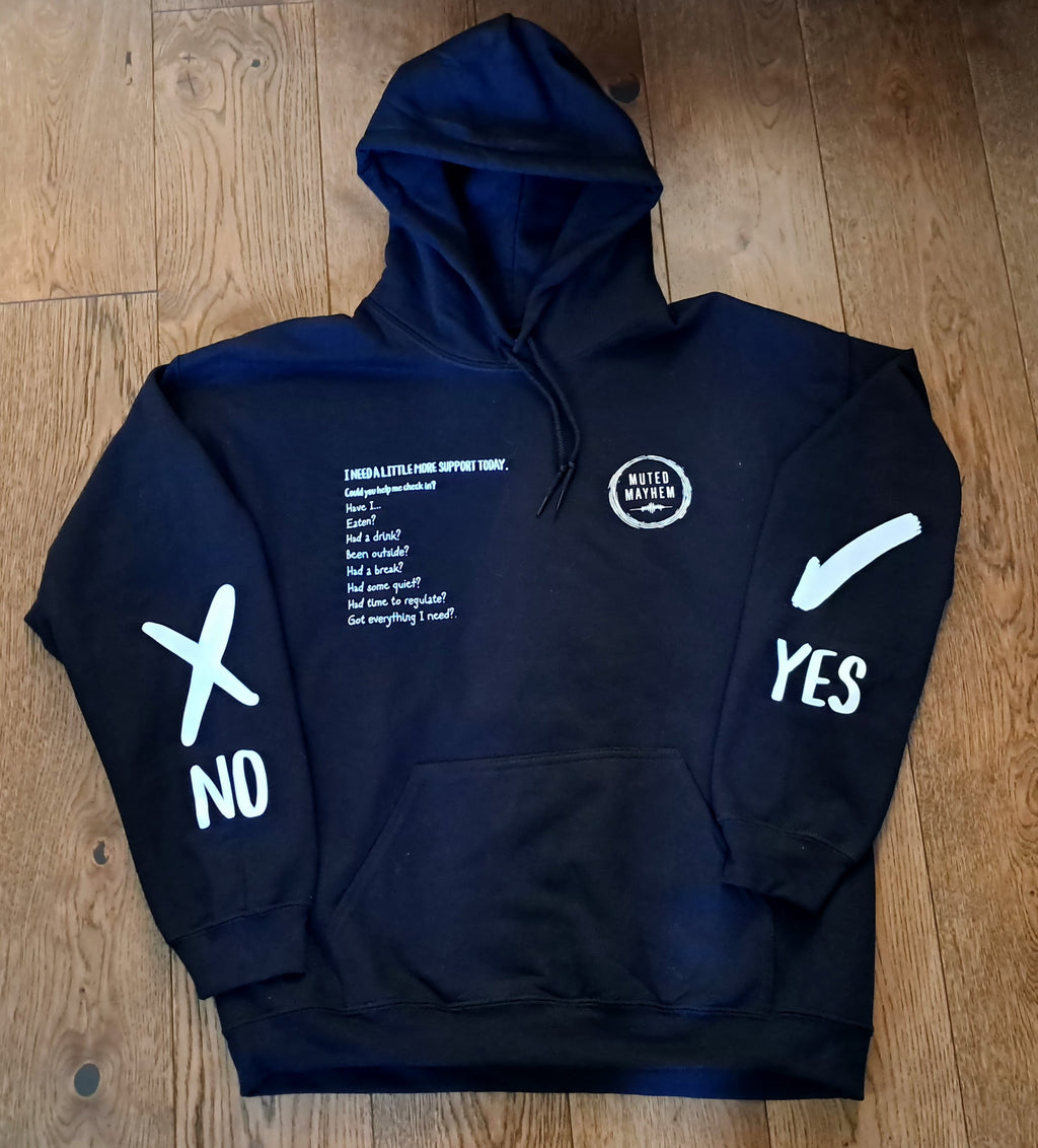 A navy blue hoodie laid flat on a wooden floor, featuring white printed graphics including the words 'YES' and 'NO' with hand-drawn check and X marks on the sleeves, and a circular 'NOTES MATTER' logo on the chest.