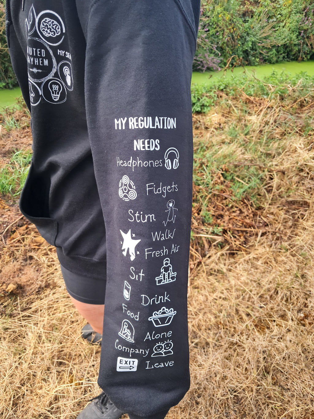 A close-up of a person's arm wearing a black hoodie outdoors on a grassy, dry ground background. The sleeve features white hand-drawn style text and icons reading 'MY REGULATION NEEDS headphones Fidgets Stim Walk Fresh Air Sit Drink Food Alone Company Leave'.