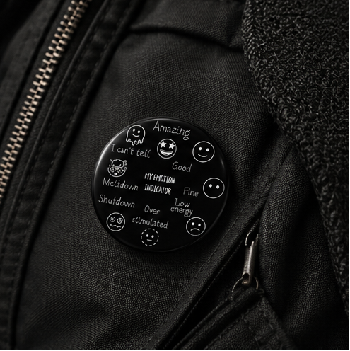 Six-panel collage showing a round black enamel pin with white text and smiley faces attached to different items: a denim jacket, a canvas tote bag, dark gray fabric, a hand holding it, a notebook, and a black jacket. The pin includes phrases like 'Anxious', 'PTSD IS MY NEW FAVORITE ADJECTIVE', and 'I can't wait to die'.