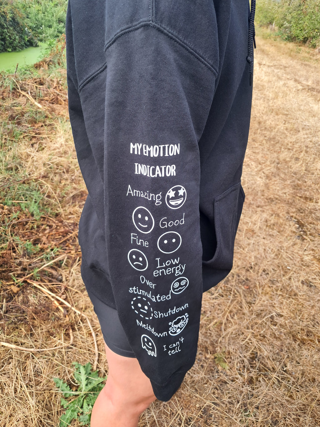 A close-up of a person wearing a faded black hoodie outdoors on a dry grassy path. The sleeve features white text reading 'MY EMOTION INDICATOR' above various simple smiley faces and phrases like 'Amazing', 'Good', 'Fine', 'Low energy', 'Over stimulated', 'Shutdown', 'I can't tell', and 'Madness is contagious'.
