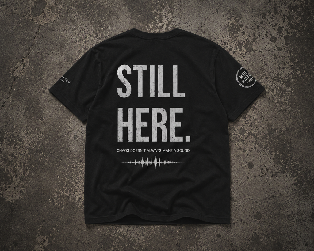 A black short-sleeve t-shirt shown from the back, laid flat on a textured dark gray concrete-style surface. The shirt features large distressed white text reading 'STILL HERE.' promoting mental health and neurodivergence awareness by muted mayhem.