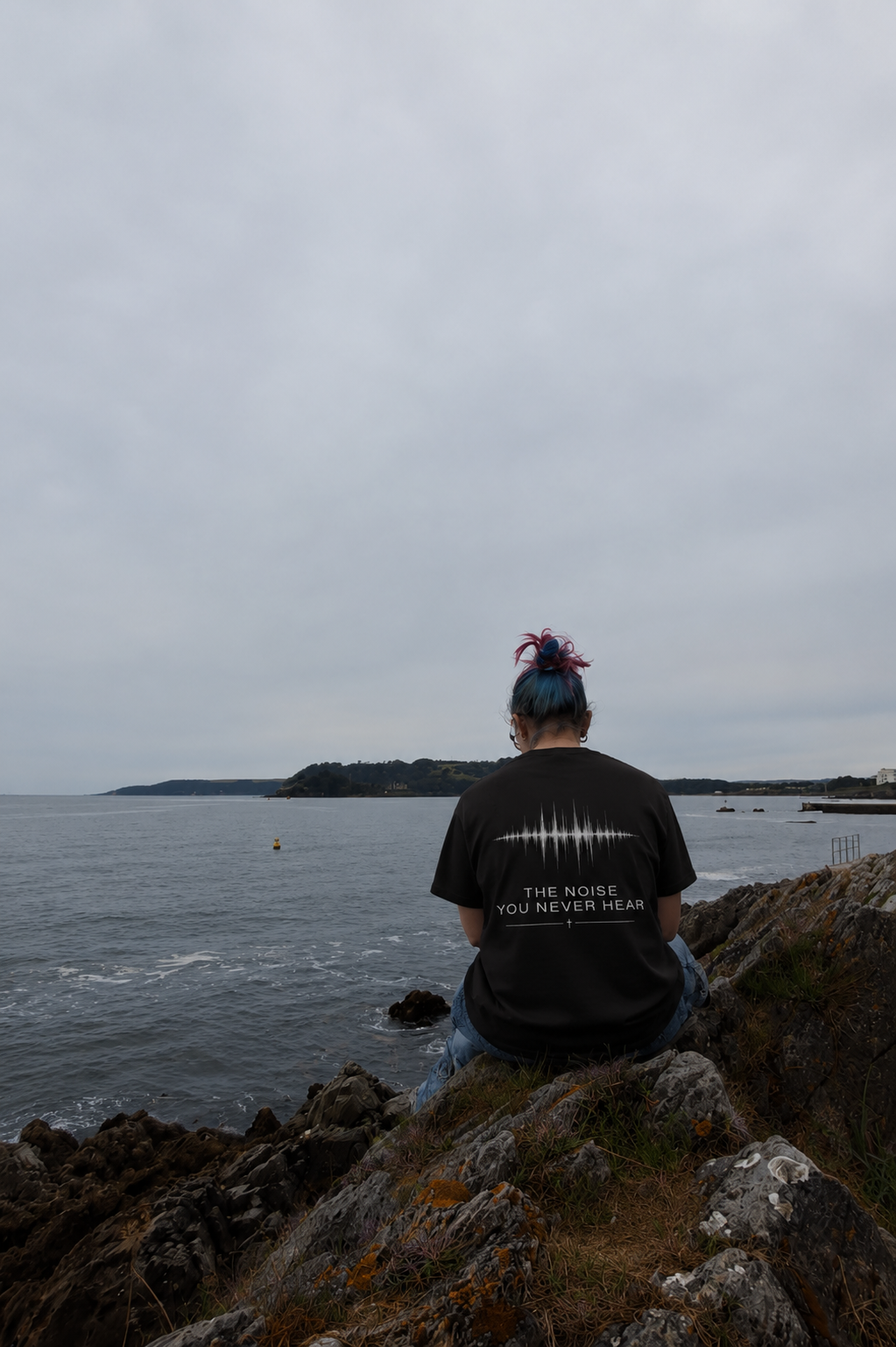 A person with blue and pink hair sits on a rocky coastline, viewed from behind, wearing a black t-shirt with a white soundwave graphic and the text 'THE NOISE YOU NEVER HEAR' on the back. The background shows a cloudy gray sky, a body of water, and a distant landmass promoting mental health and neurodivergence awareness by muted mayhem.